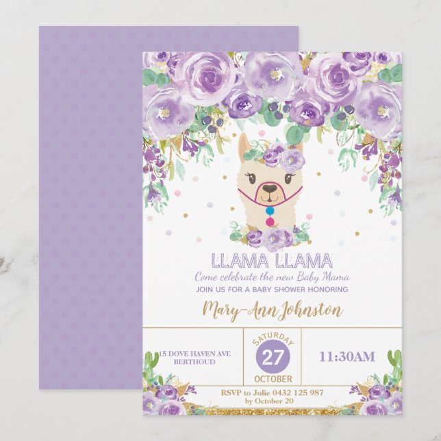 Whimsical Purple Floral Llama Mama Baby Shower Invitation (Front/Back)