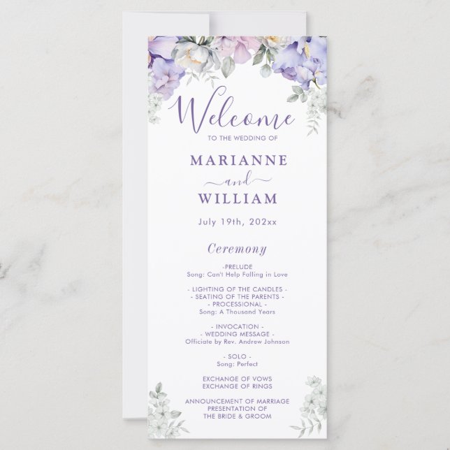 Whimsical Purple Floral Romantic Wedding Program (Front)