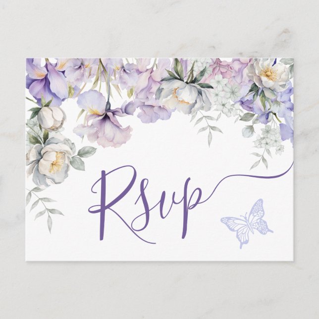 Whimsical Purple Floral Romantic Wedding RSVP Postcard (Front)
