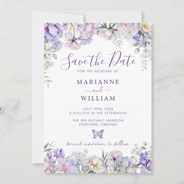 Whimsical Purple Floral Romantic Wedding Save The Date (Front)