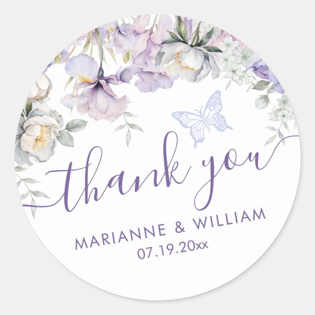 Whimsical Purple Floral Romantic Wedding Thank You Classic Round Sticker (Front)