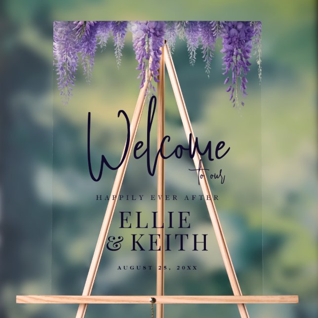 Whimsical Purple Floral Wedding Welcome Acrylic Sign (Neutral)