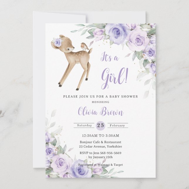 Whimsical Purple Floral Woodland Deer Baby Shower  Invitation (Front)