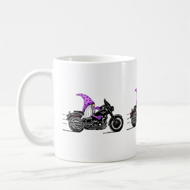 Whimsical purple gnome riding a motorcycle coffee mug (Left)