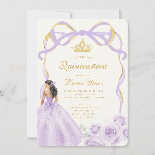 Whimsical Purple Gold Bow Floral Quinceañera Invitation (Front)