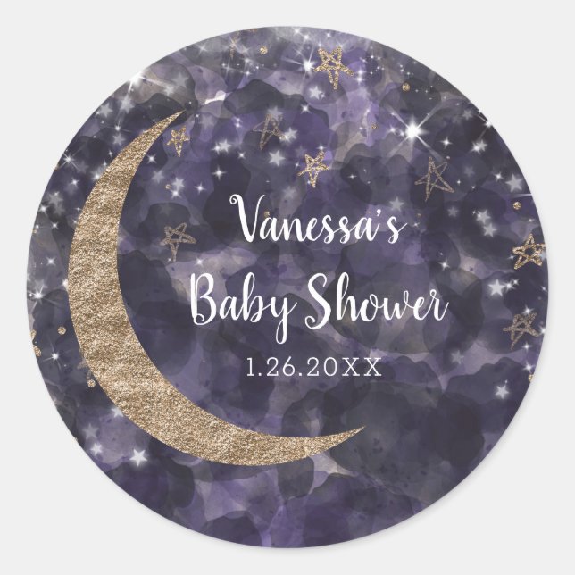 Whimsical Purple Gold Moon Stars Baby Shower Classic Round Sticker (Front)