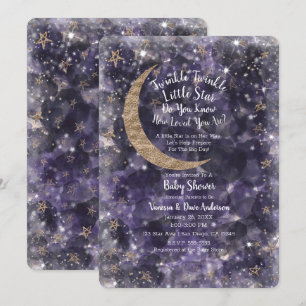 Whimsical Purple Gold Moon Stars Baby Shower Invitation