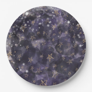 Whimsical Purple Gold Moon Stars Baby Shower Paper Plate