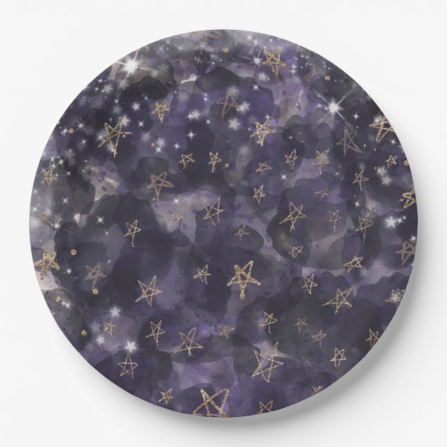 Whimsical Purple Gold Moon Stars Baby Shower Paper Plate (Front)