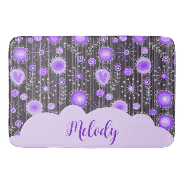 Whimsical purple grey heart and flower floral name bath mat (Front)