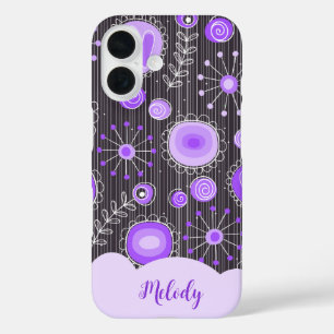 Whimsical purple grey heart and flower floral name iPhone 16 case