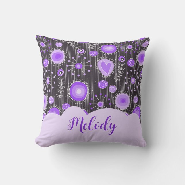 Whimsical purple grey heart and flower floral name cushion (Front)