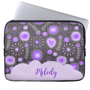 Whimsical purple grey heart and flower floral name laptop sleeve