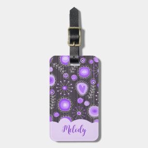 Whimsical purple grey heart and flower floral name luggage tag