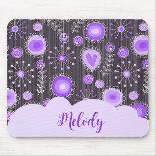Whimsical purple grey heart and flower floral name mouse mat