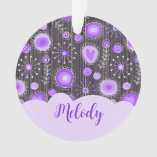 Whimsical purple grey heart and flower floral name ornament