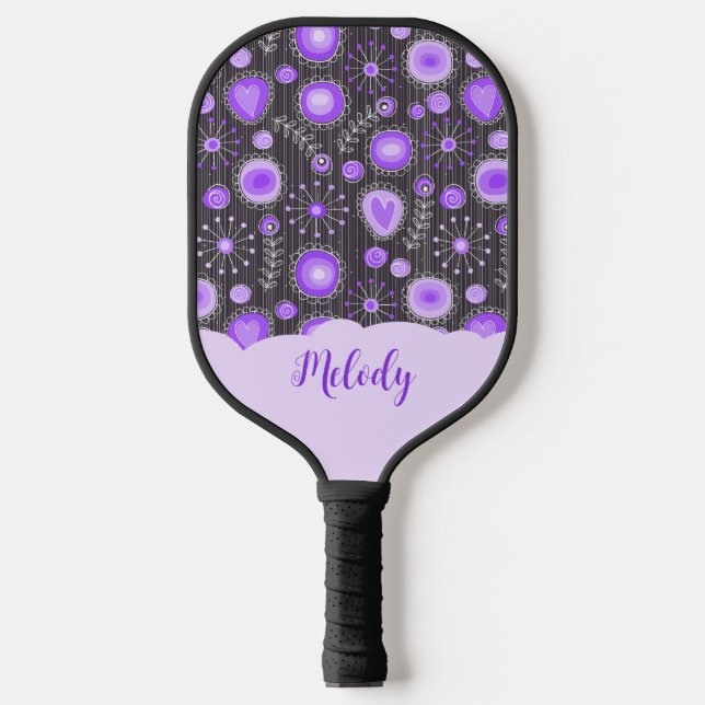 Whimsical purple grey heart and flower floral name pickleball paddle (Front)