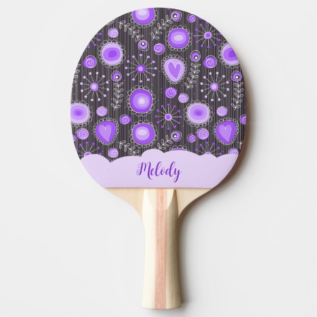 Whimsical purple grey heart and flower floral name ping pong paddle (Front)