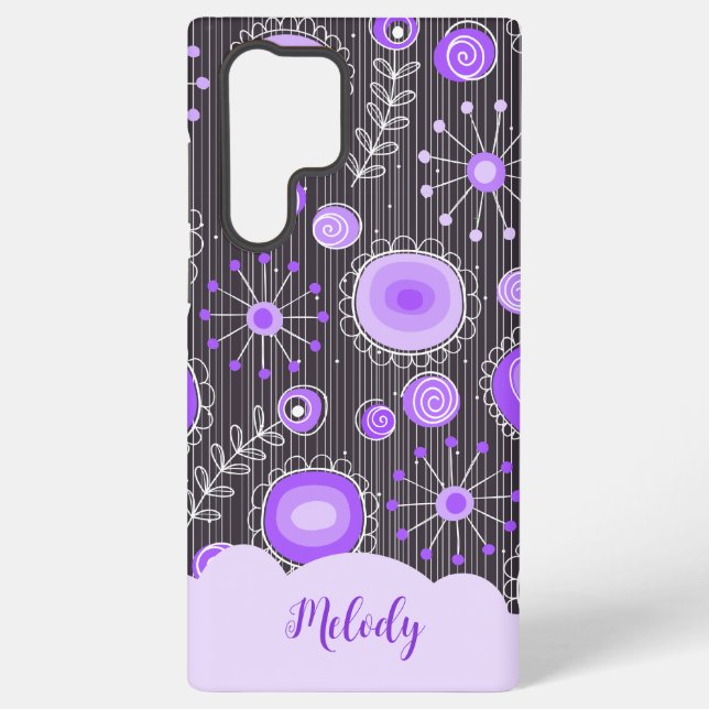 Whimsical purple grey heart and flower floral name samsung galaxy s22 ultra case (Back)