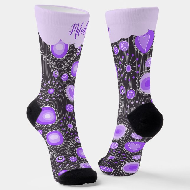 Whimsical purple grey heart and flower floral name socks (Angled)