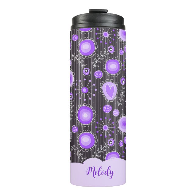 Whimsical purple grey heart and flower floral name thermal tumbler (Front)