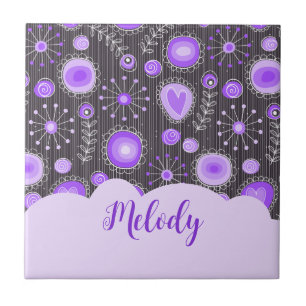 Whimsical purple grey heart and flower floral name tile