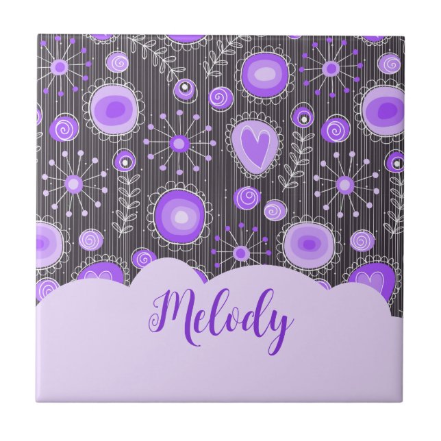 Whimsical purple grey heart and flower floral name tile (Front)