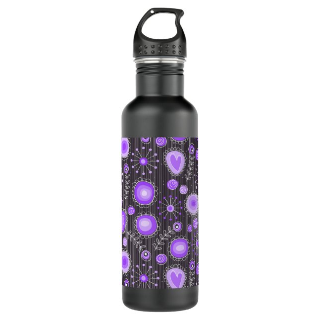 Whimsical purple grey hearts and flowers floral 710 ml water bottle (Front)