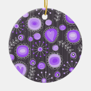 Whimsical purple grey hearts and flowers floral ceramic tree decoration