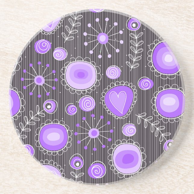Whimsical purple grey hearts and flowers floral coaster (Front)