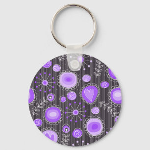 Whimsical purple grey hearts and flowers floral key ring