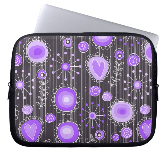 Whimsical purple grey hearts and flowers floral laptop sleeve (Front)
