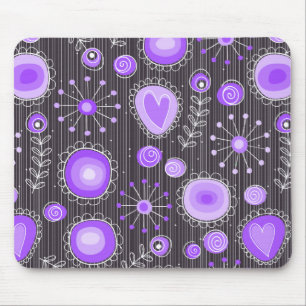 Whimsical purple grey hearts and flowers floral mouse mat