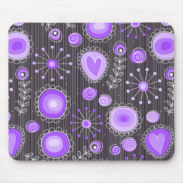 Whimsical purple grey hearts and flowers floral mouse mat (Front)