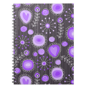 Whimsical purple grey hearts and flowers floral notebook