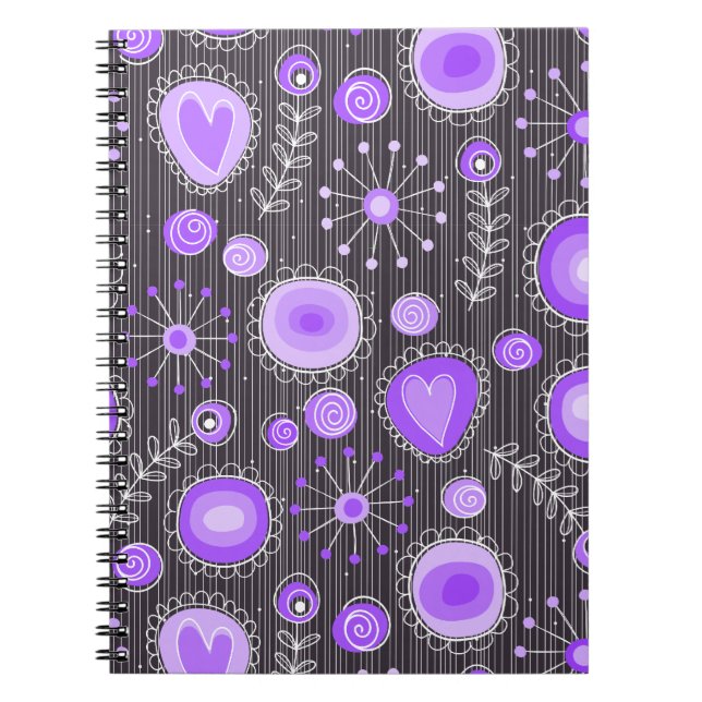 Whimsical purple grey hearts and flowers floral notebook (Front)