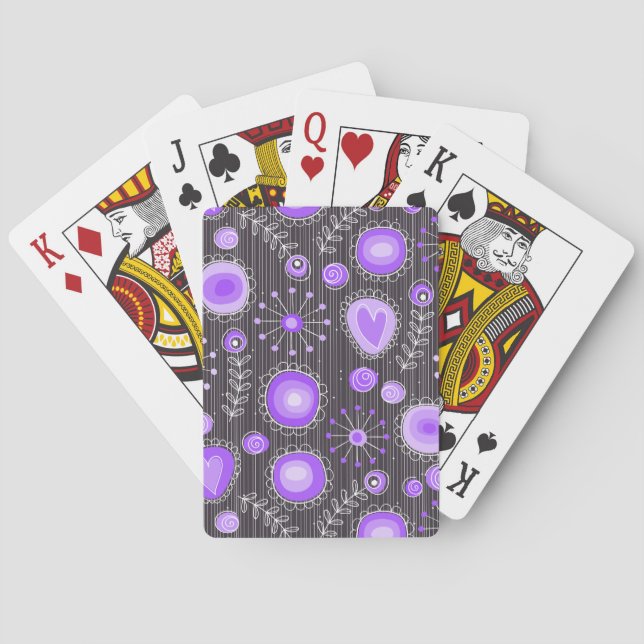 Whimsical purple grey hearts and flowers floral playing cards (Back)