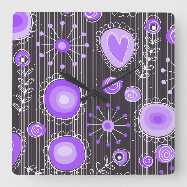 Whimsical purple grey hearts and flowers floral square wall clock (Front)