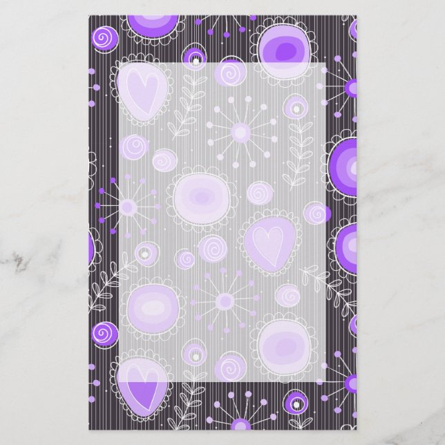 Whimsical purple grey hearts and flowers floral stationery (Front)