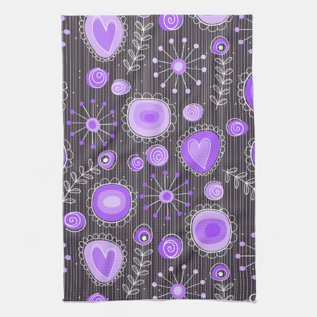 Whimsical purple grey hearts and flowers floral tea towel (Vertical)