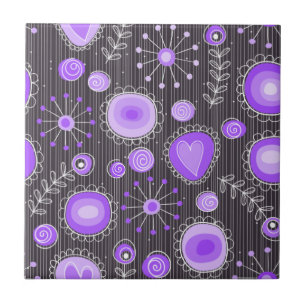 Whimsical purple grey hearts and flowers floral tile