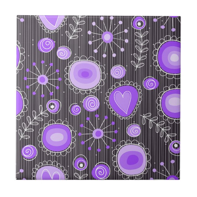 Whimsical purple grey hearts and flowers floral tile (Front)