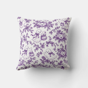 Whimsical Purple Halloween Toile Ghosts Pumpkins Cushion