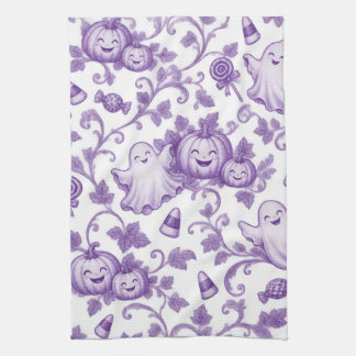 Whimsical Purple Halloween Toile Pattern Cute Kids Tea Towel