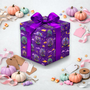 Whimsical Purple Haunted House Halloween Pattern Wrapping Paper