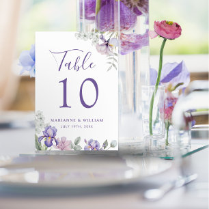 Whimsical Purple Iris Floral Wedding Table Number