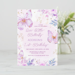 Whimsical Purple Little Butterfly 1st Birthday Invitation