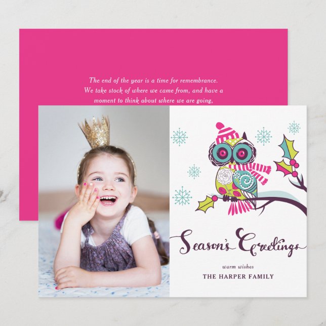 Whimsical Purple Owl and Snowflakes Holiday Photo Card (Front/Back)