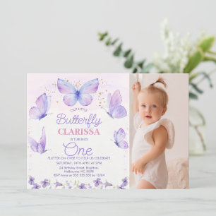 Whimsical Purple Photo Butterfly 1st Birthday Invitation