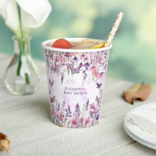 Whimsical Purple Pink Butterflies & Wildflowers Paper Cups